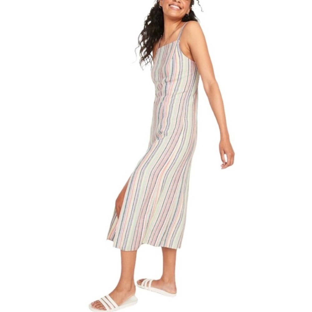 Old Navy Linen Blend Coastal Multi Color Striped Smocked Back Maxi Dress Size XL